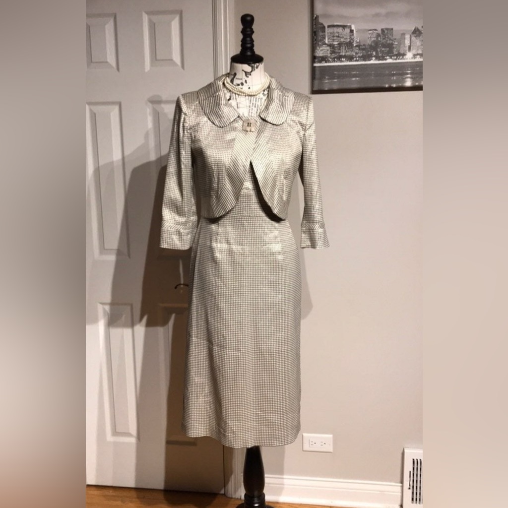 Bomak Dress Matching Set Gingham Vintage Pencil Blazer Metallic Evening Retro 50